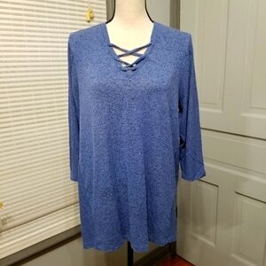 Lane Bryant Laced-Up Mixed Media Knit Tunic Top Marled Blue
